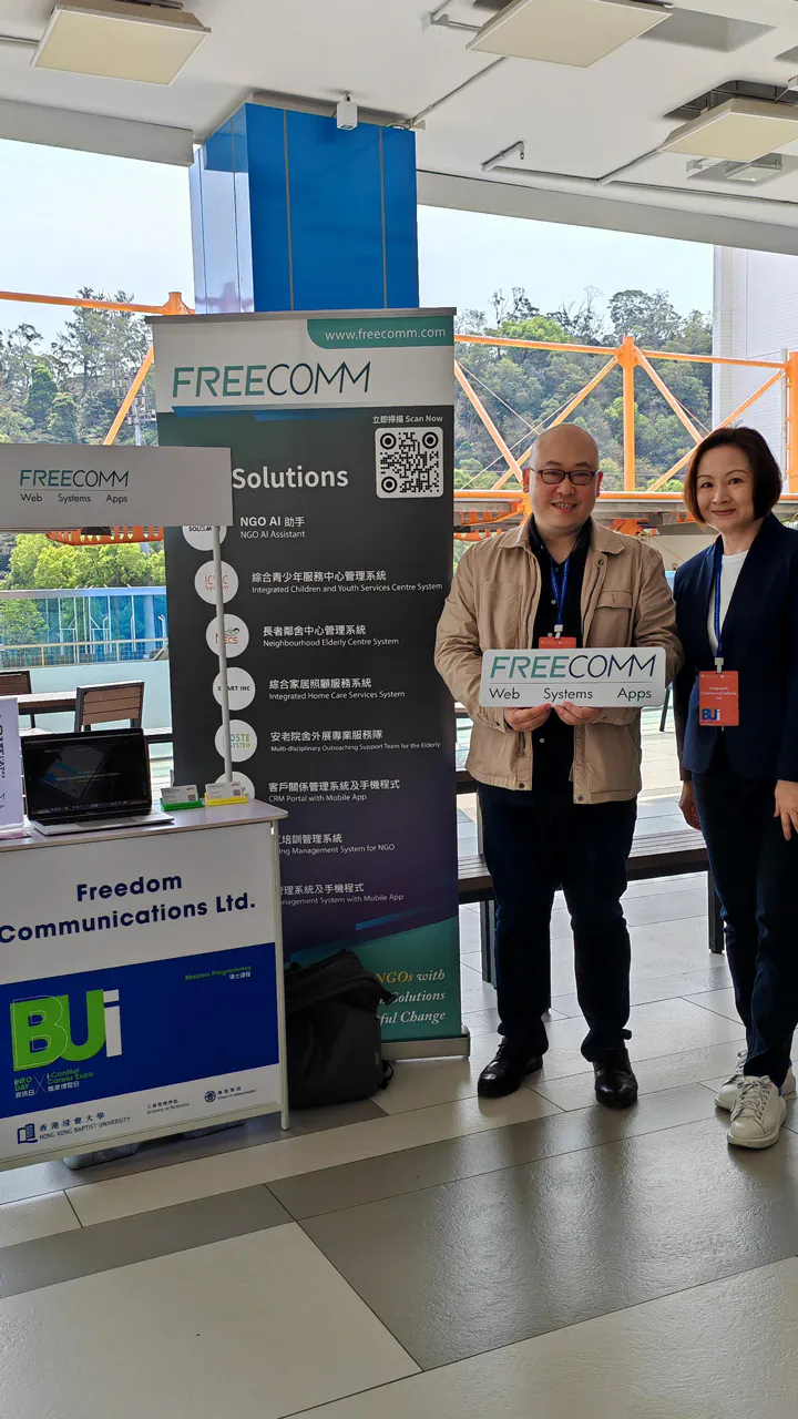 FreeComm representatives beside their booth at the HKBU i-ConNet Career Expo