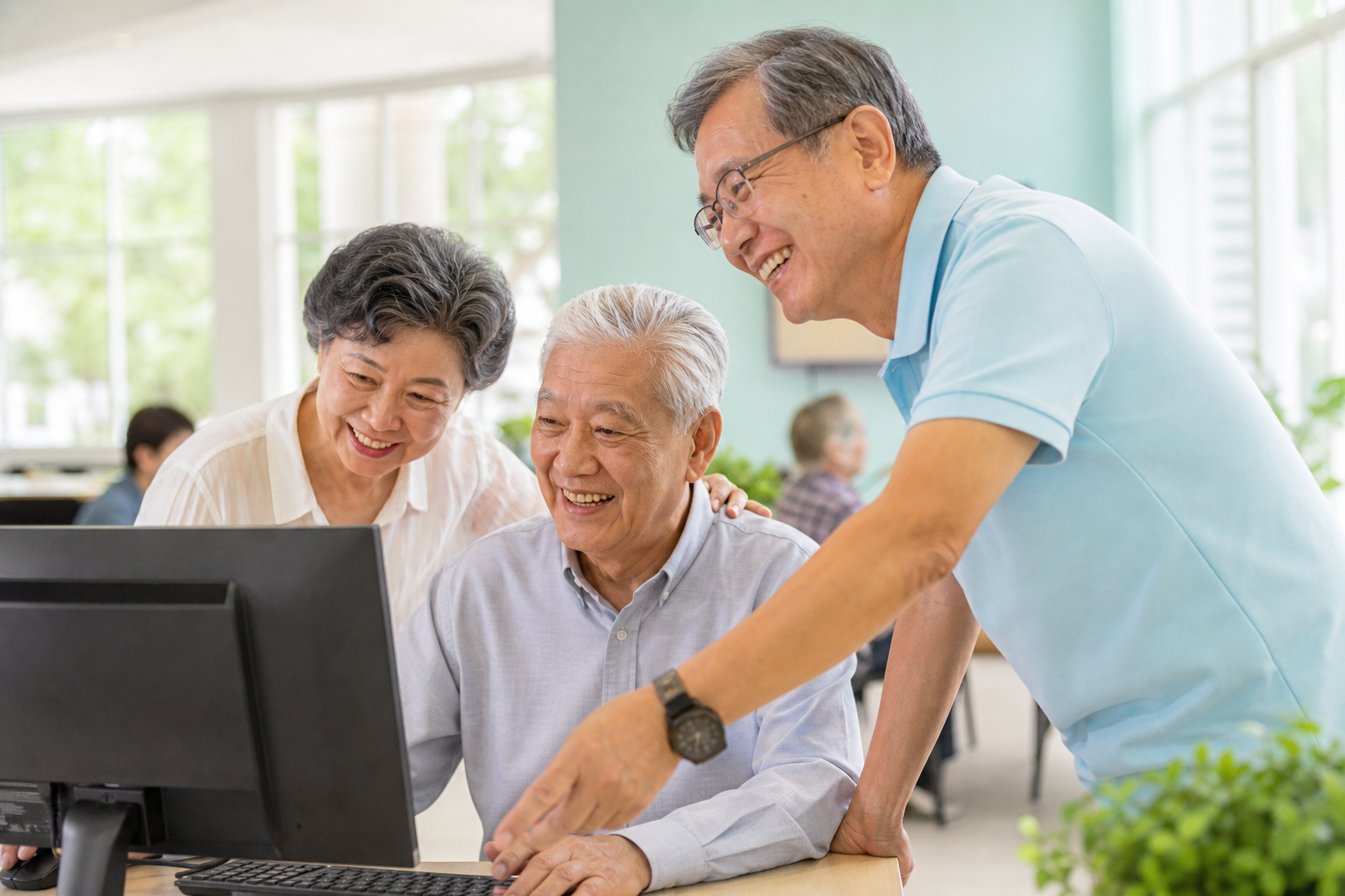 Happy seniors at a community centre, representing a connected platform